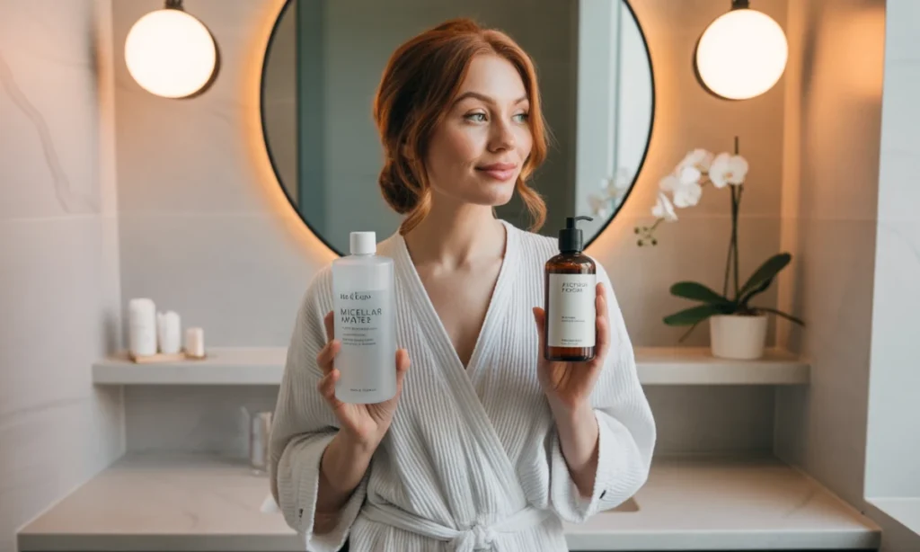 Mulher aplicando água micelar e tônicos faciais como parte da rotina de skincare