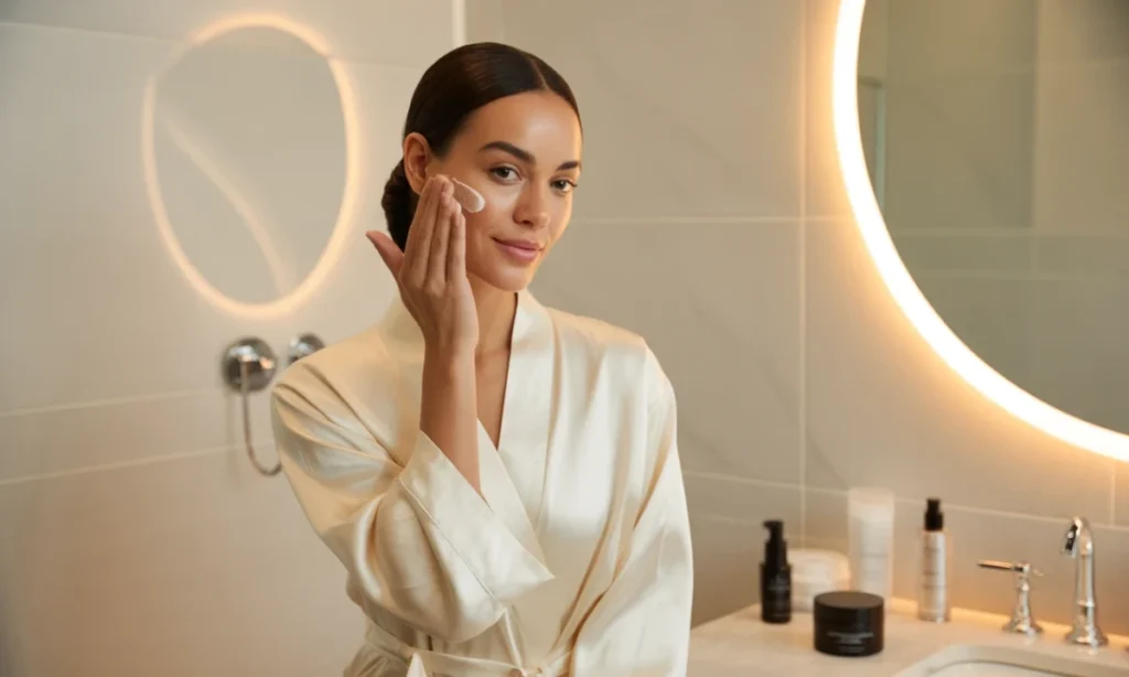 Mulher aplicando esfoliante no rosto — esfoliação química vs física