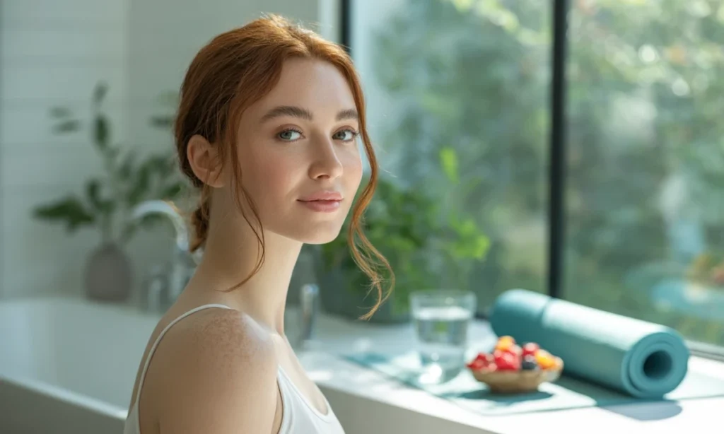 Mulher saudável segurando frutas e água, representando como hábitos saudáveis como alimentação, hidratação e sono potencializam o skincare.