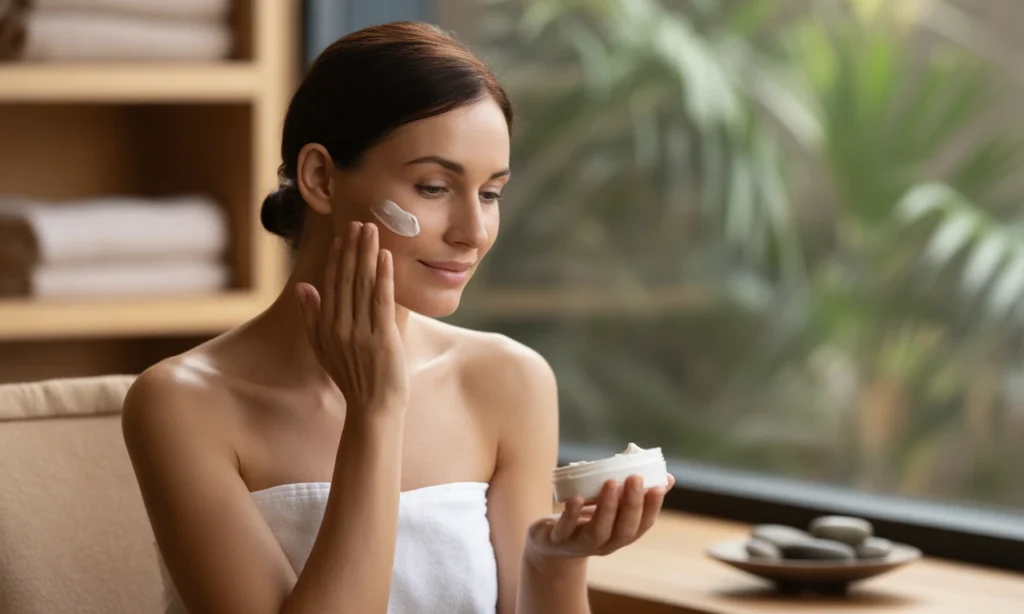 Mulher com pele luminosa após skincare para peles secas.