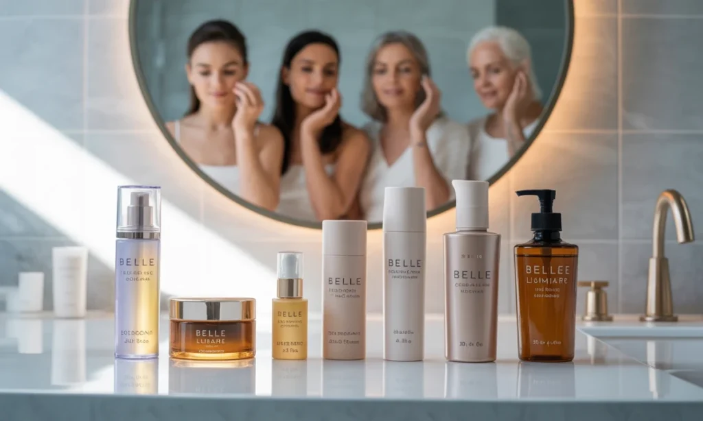 Mulheres de diferentes idades usando produtos de skincare, representando cuidados da pele aos 20, 30, 40 e 50 anos.