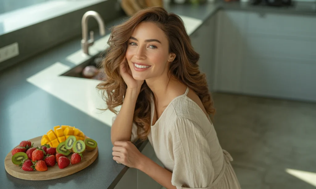 Mulher sorridente segurando alimentos saudáveis, representando a conexão entre alimentação equilibrada e saúde da pele.