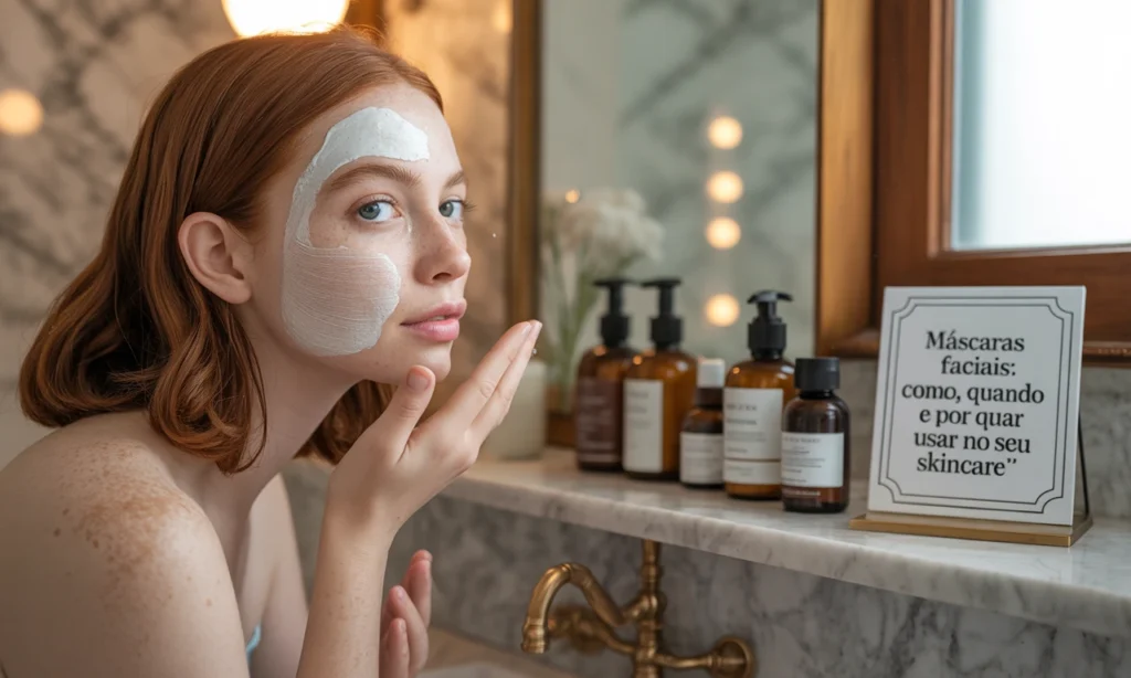 Mulheres aplicando máscaras faciais de diferentes tipos — argila, sheet mask e máscara noturna — representando os benefícios e formas de uso no skincare