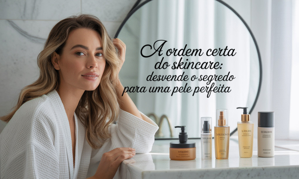 Uma mulher sorridente de pele radiante segura diversos frascos e potes de produtos de skincare coloridos em suas mãos, com um fundo suavemente desfocado em tons pastel.