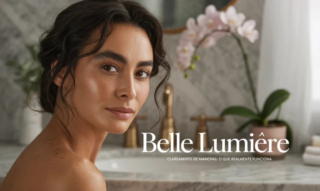 Mulher sorridente com pele hidratada e sardinhas, representando naturalidade e os benefícios do clareamento de manchas.