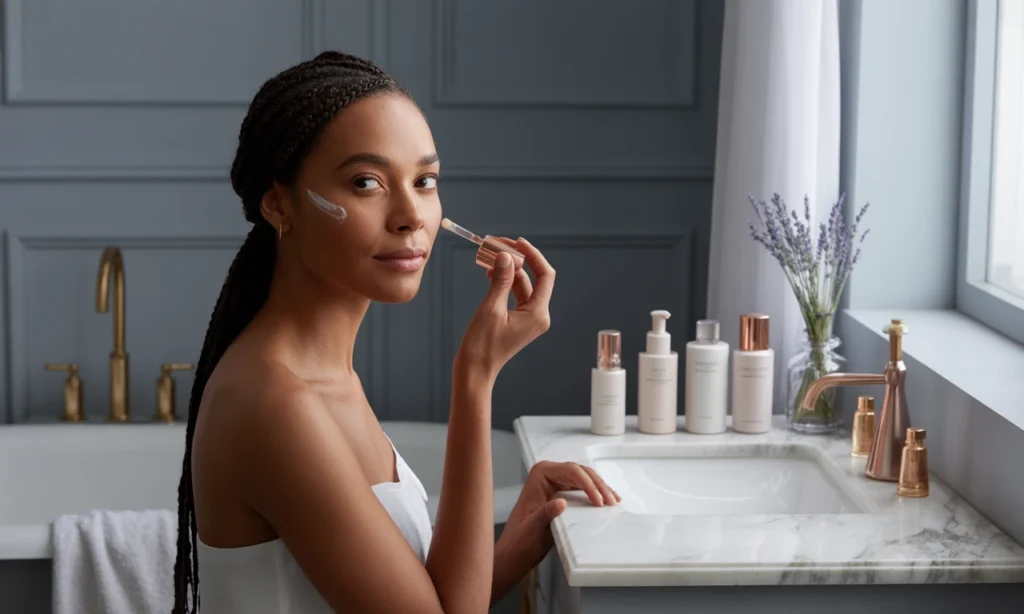 Mulher elegante aplicando hidratante no rosto, representando uma rotina de skincare para peles sensíveis.