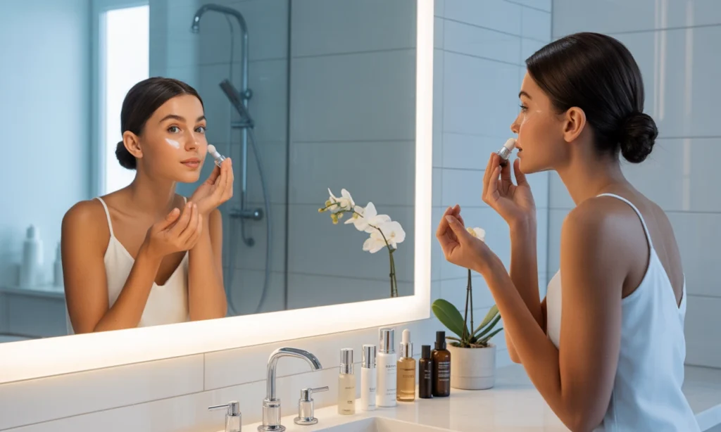 Mulher aplicando creme facial durante a rotina de skincare matinal e noturna, representando cuidados com a pele para proteção e reparo