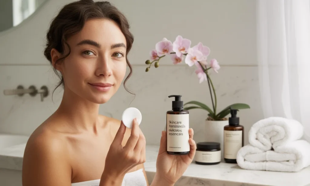 Skincare Feminino Mulher aplicando protetor com pele luminosa