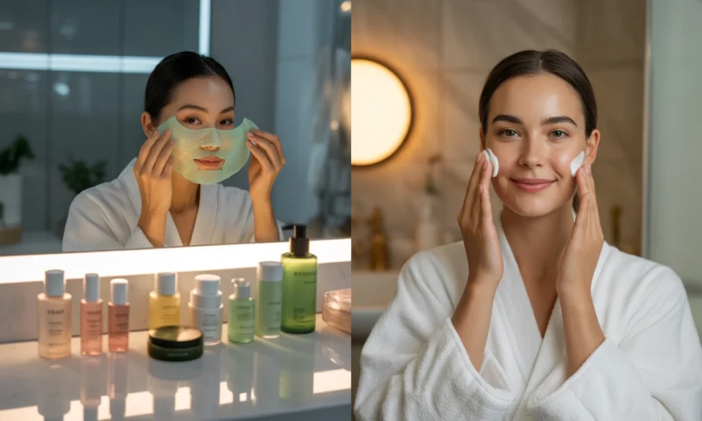 Duas mulheres testando produtos de skincare, representando as rotinas coreana e ocidental.