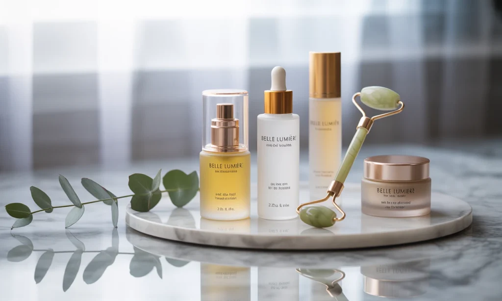 Frascos de sabonete facial, hidratante e protetor solar sobre uma pia de banheiro, com detalhes de espelho e torneira ao fundo.