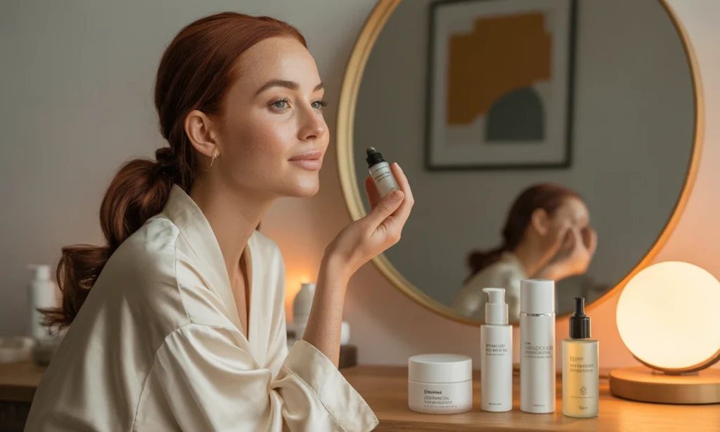 Mulher sorridente aplicando hidratante no rosto, representando uma rotina de skincare com poucos produtos.