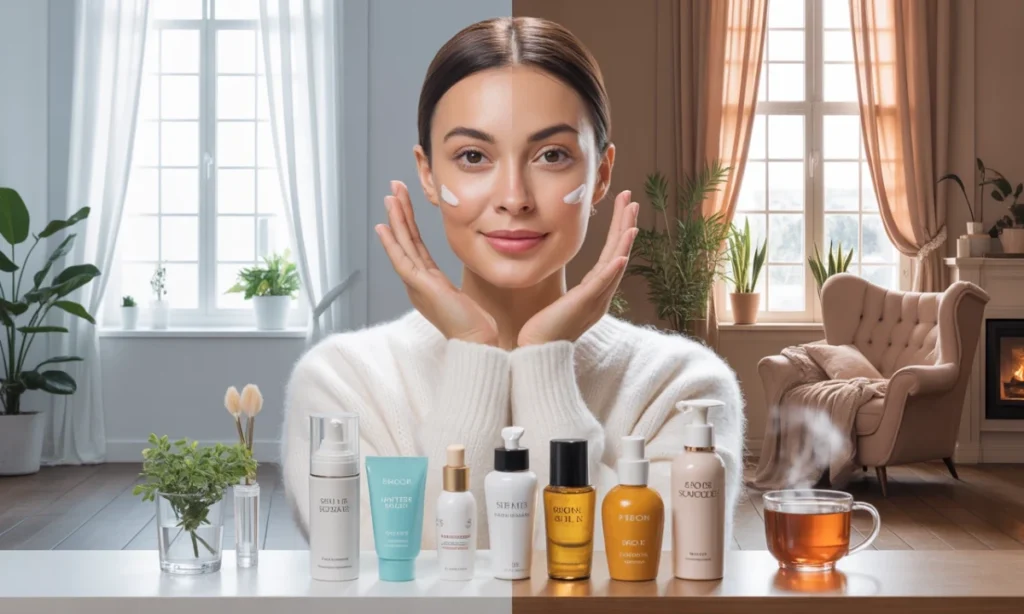 Mulher elegante cuidando da pele, representando cuidados com a pele no inverno vs verão.