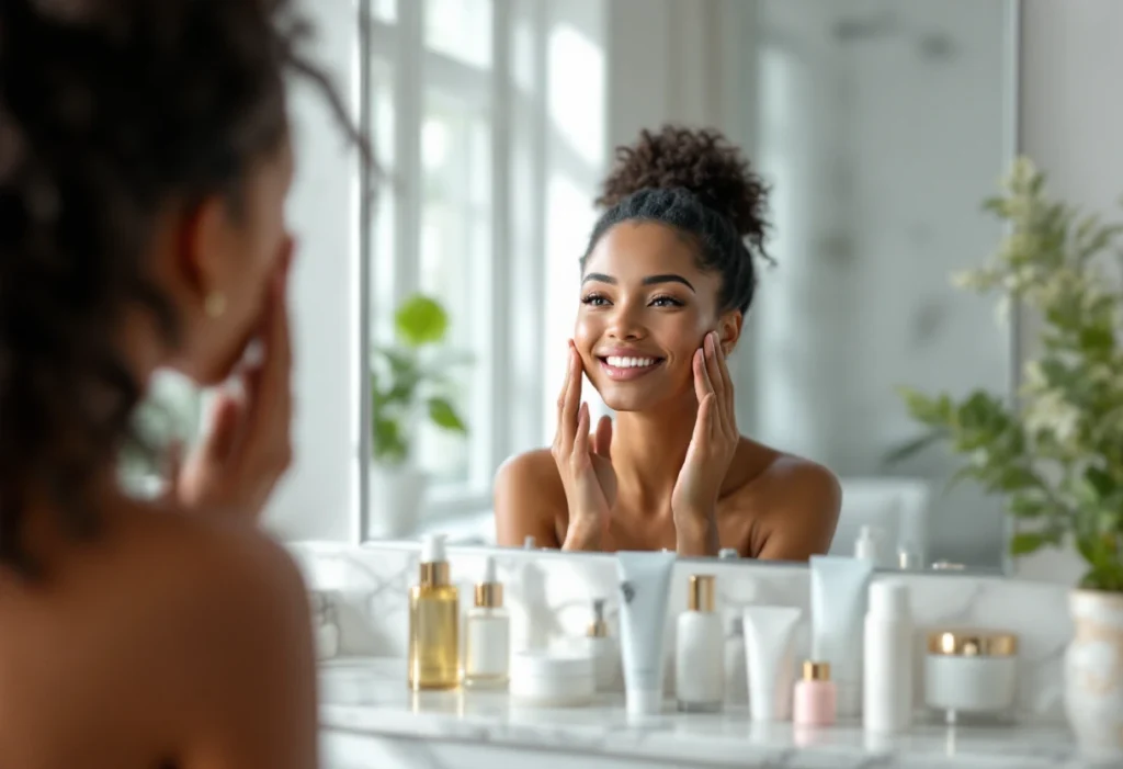 Mulher identificando seu tipo de pele diante do espelho.