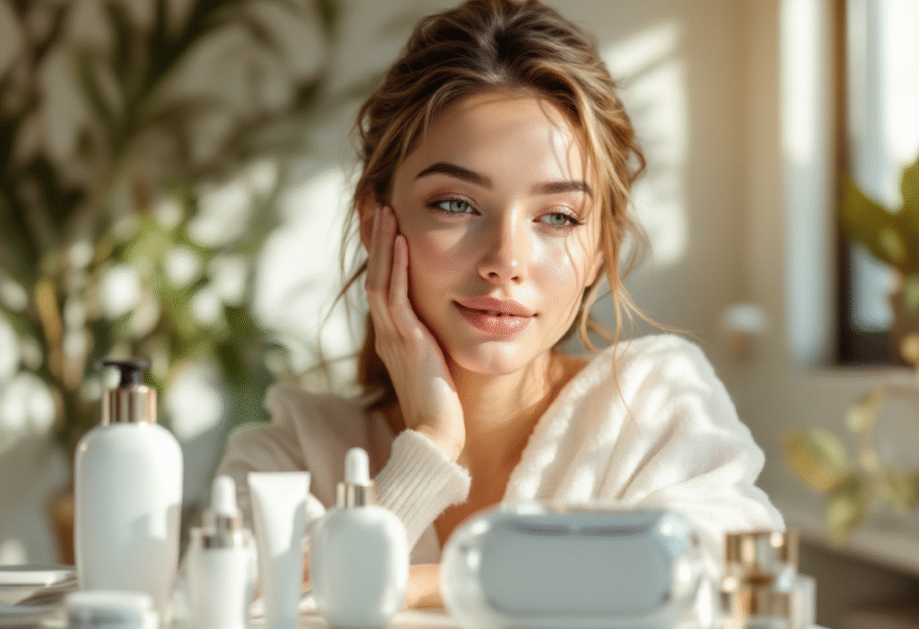 Mulher sorrindo feliz segurando produtos tecnológicos de beleza representando o futuro do skincare
