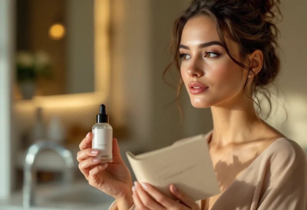 Mulher decidindo entre rotina de skincare caseiro e consultoria dermatológica.