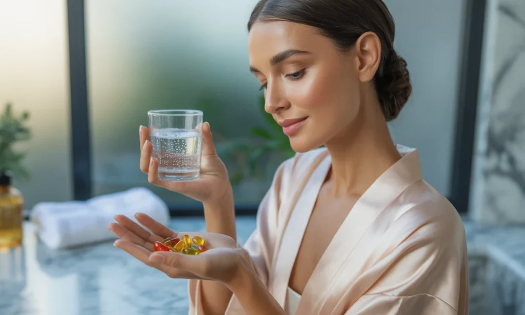 Suplementos para a pele: mulher elegante segurando cápsulas e copo de água.