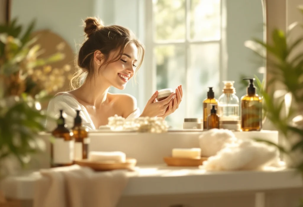 Mulher aplicando creme facial com embalagem eco-friendly em sua rotina de skincare sustentável.