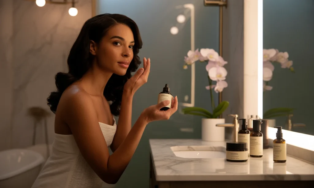 Mulher elegante aplicando sérum de skincare no rosto com destaque para ativos clareadores.