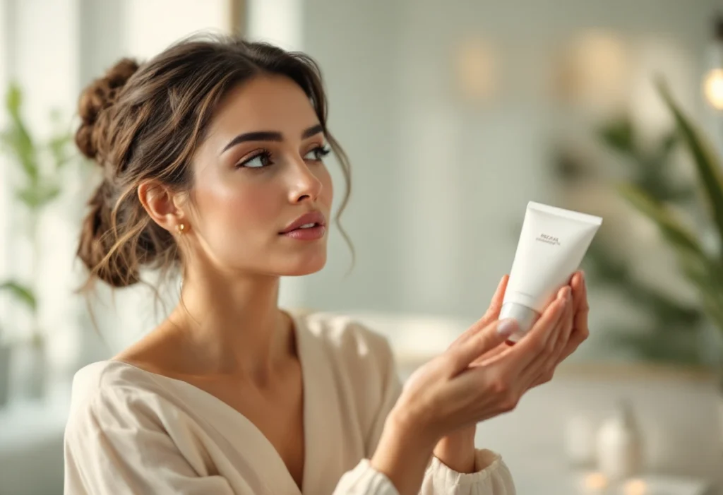 Mulher aplicando creme facial que combina ingredientes naturais vs. científicos para uma pele saudável.