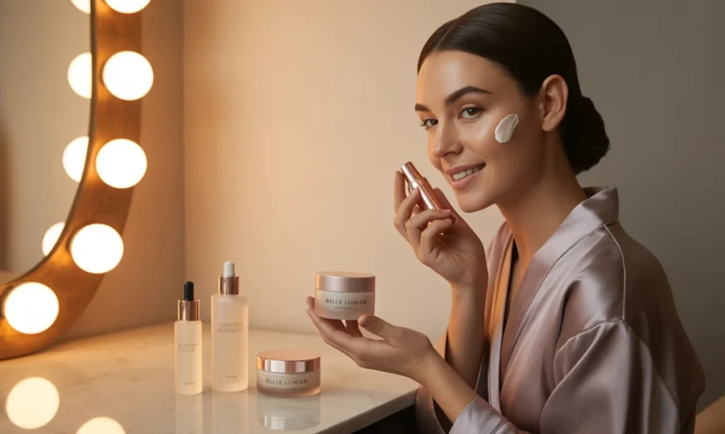 mulher elegante cuidando da pele com produtos de skincare em diferentes estações do ano.