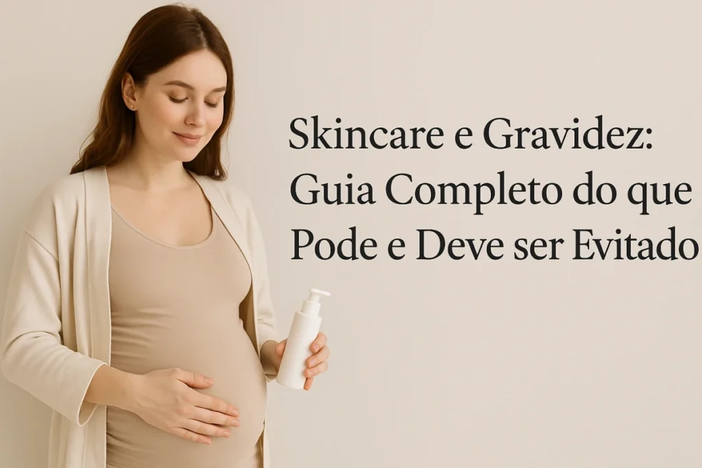 Mulher grávida segurando produto de skincare em ambiente claro, representando cuidados com a pele durante a gravidez.