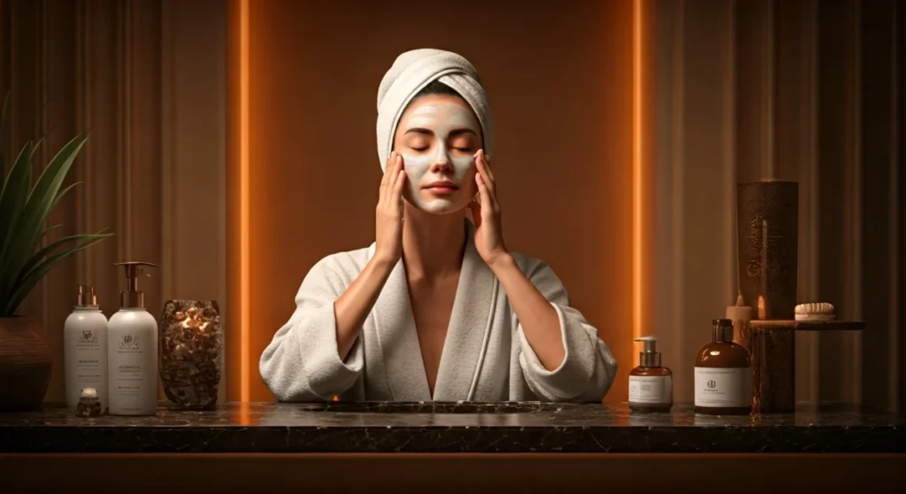 Mulher praticando rotina de skincare e saúde mental.