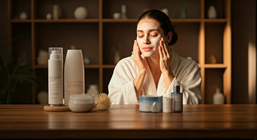 Mulher sorridente segurando produtos de skincare da Belle Lumière, exemplificando como reduzir os sinais de como o estresse afeta a pele.