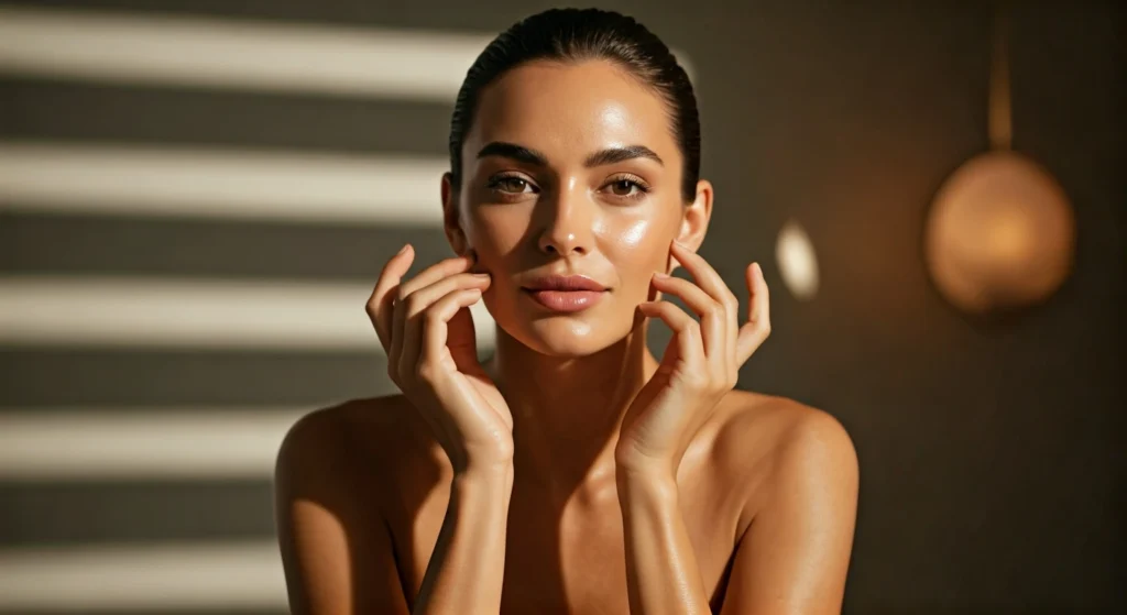 Mulher lavando o rosto com água refrescante e produtos naturais, simbolizando o processo de detox da pele.